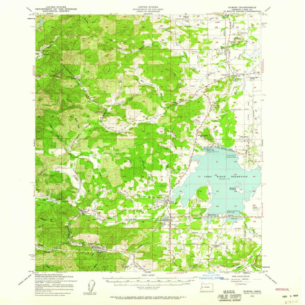 YellowMaps Elmira OR topo map, 1:62500 Scale, 15 X 15 Minute, Historical, 1957, Updated 1959, 20.8 x 17 in - Polypropylene