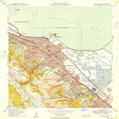 YellowMaps San Mateo CA topo map, 1:24000 Scale, 7.5 X 7.5 Minute, Historical, 1949, 26.8 x 20.9 in - Polypropylene