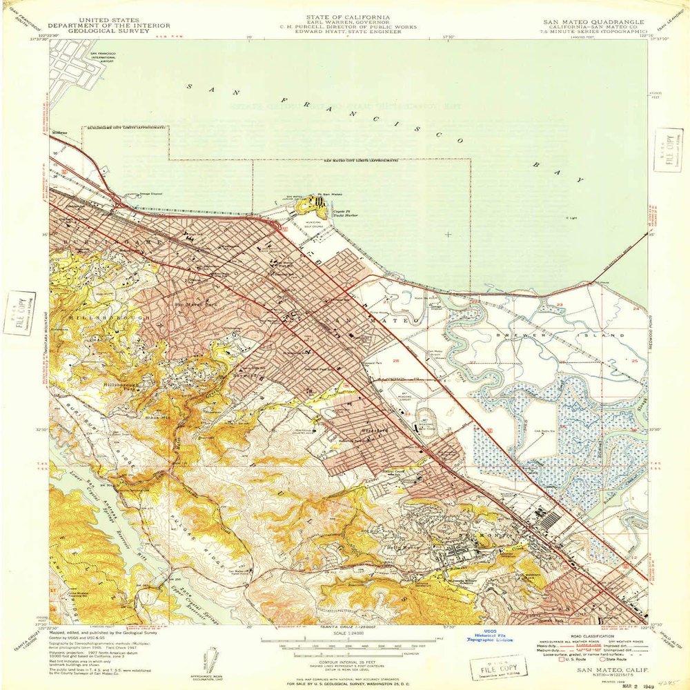 YellowMaps San Mateo CA topo map, 1:24000 Scale, 7.5 X 7.5 Minute, Historical, 1949, 26.8 x 20.9 in - Polypropylene