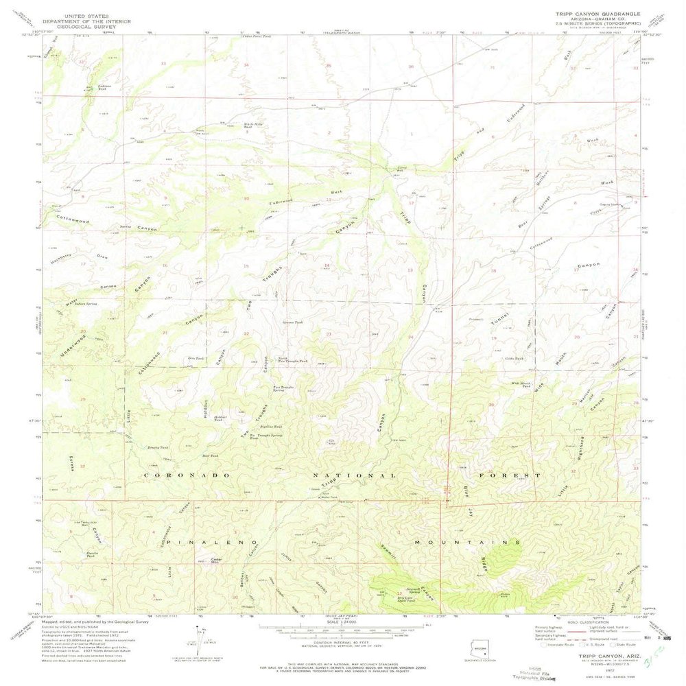 YellowMaps Tripp Canyon AZ topo map, 1:24000 Scale, 7.5 X 7.5 Minute, Historical, 1972, Updated 1975, 26.9 x 22 in - Tyvek