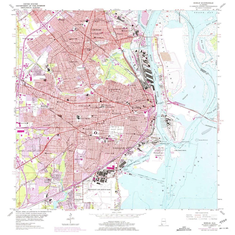 YellowMaps Mobile AL topo map, 1:24000 Scale, 7.5 X 7.5 Minute, Historical, 1953, Updated 1975, 26.9 x 23 in - Polypropylene