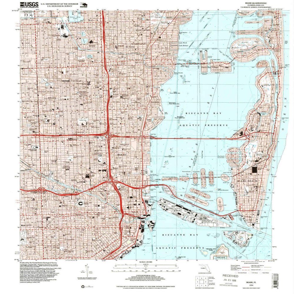 YellowMaps Miami FL topo map, 1:24000 Scale, 7.5 X 7.5 Minute, Historical, 1994, Updated 1999, 26.8 x 24 in - Tyvek