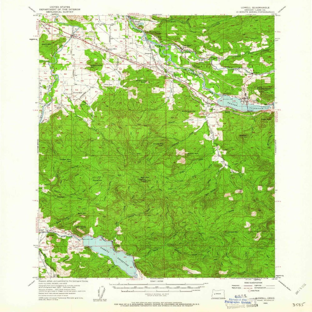 Lowell OR topo map, 1:62500 Scale, 15 X 15 Minute, Historical, 1955, Updated 1961, 20.8 x 16.8 in - Tyvek