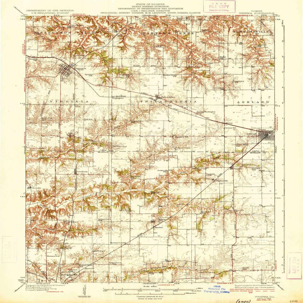 YellowMaps Virginia IL topo map, 1:62500 Scale, 15 X 15 Minute, Historical, 1936, 19.9 x 16.4 in - Polypropylene