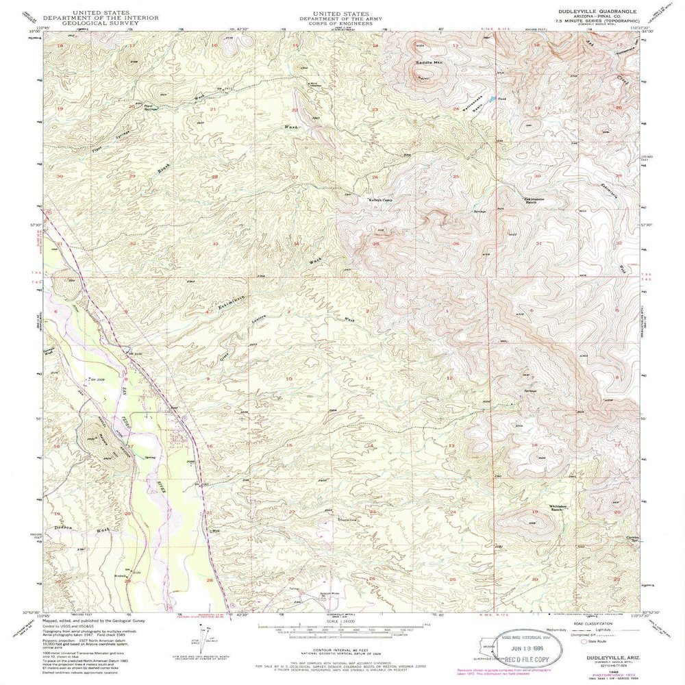 YellowMaps Dudleyville AZ topo map, 1:24000 Scale, 7.5 X 7.5 Minute, Historical, 1949, Updated 1986, 26.8 x 22 in - Tyvek