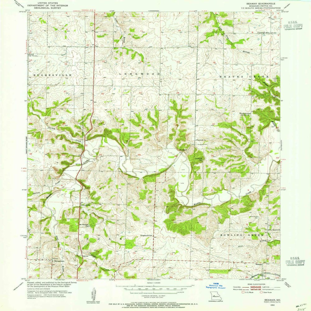 YellowMaps Beaman MO topo map, 1:24000 Scale, 7.5 X 7.5 Minute, Historical, 1953, Updated 1955, 26.5 x 21.9 in - Polypropylene