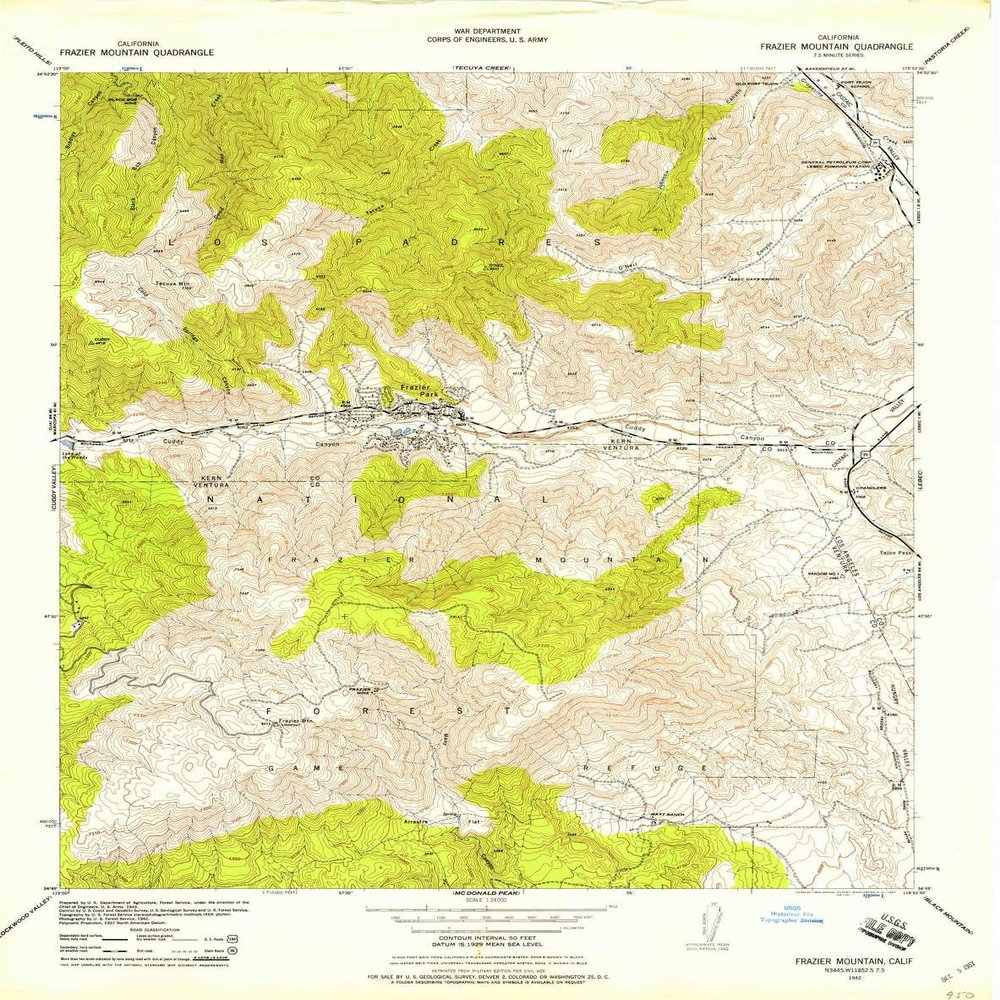 YellowMaps Frazier Mountain CA topo map, 1:24000 Scale, 7.5 X 7.5 Minute, Historical, 1942, Updated 1957, 27.9 x 22 in - Polypropylene