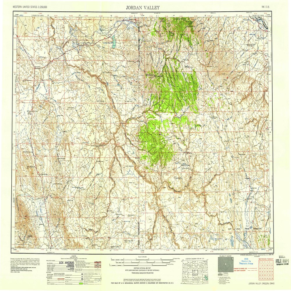 YellowMaps Jordan Valley OR topo map, 1:250000 Scale, 1 X 2 Degree, Historical, 1958, Updated 1958, 22 x 29.8 in - Polypropylene