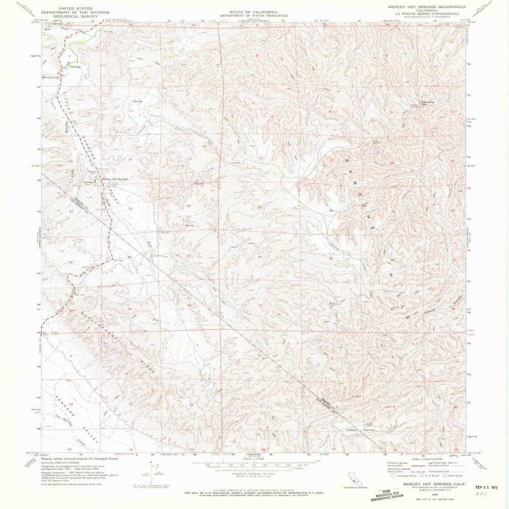 YellowMaps Mercey Hot Springs CA topo map, 1:24000 Scale, 7.5 X 7.5 Minute, Historical, 1969, Updated 1972, 26.9 x 22 in - Polypropylene
