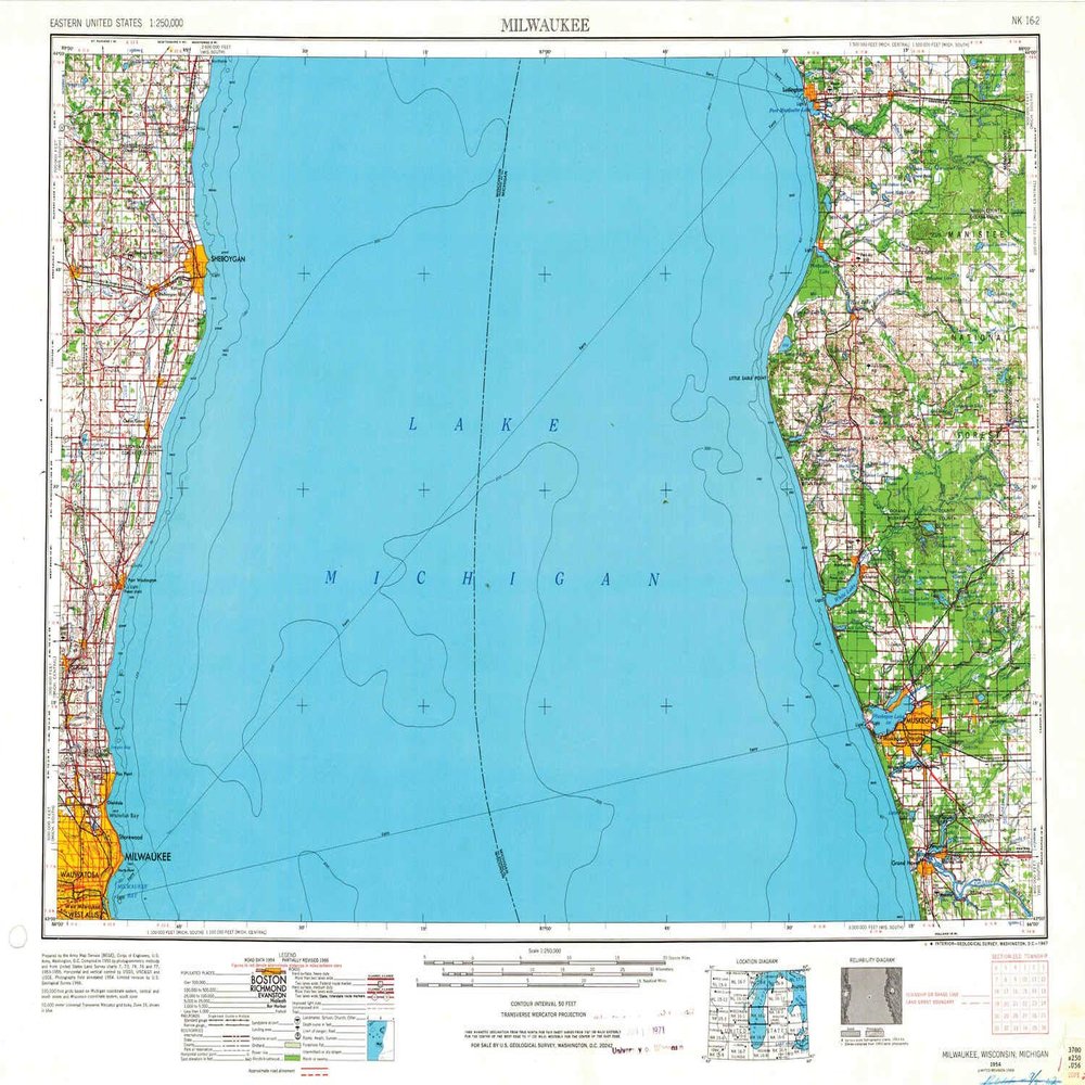 YellowMaps Milwaukee WI topo map, 1:250000 Scale, 1 X 2 Degree, Historical, 1954, Updated 1967, 21.94 x 28.57 in - Tyvek