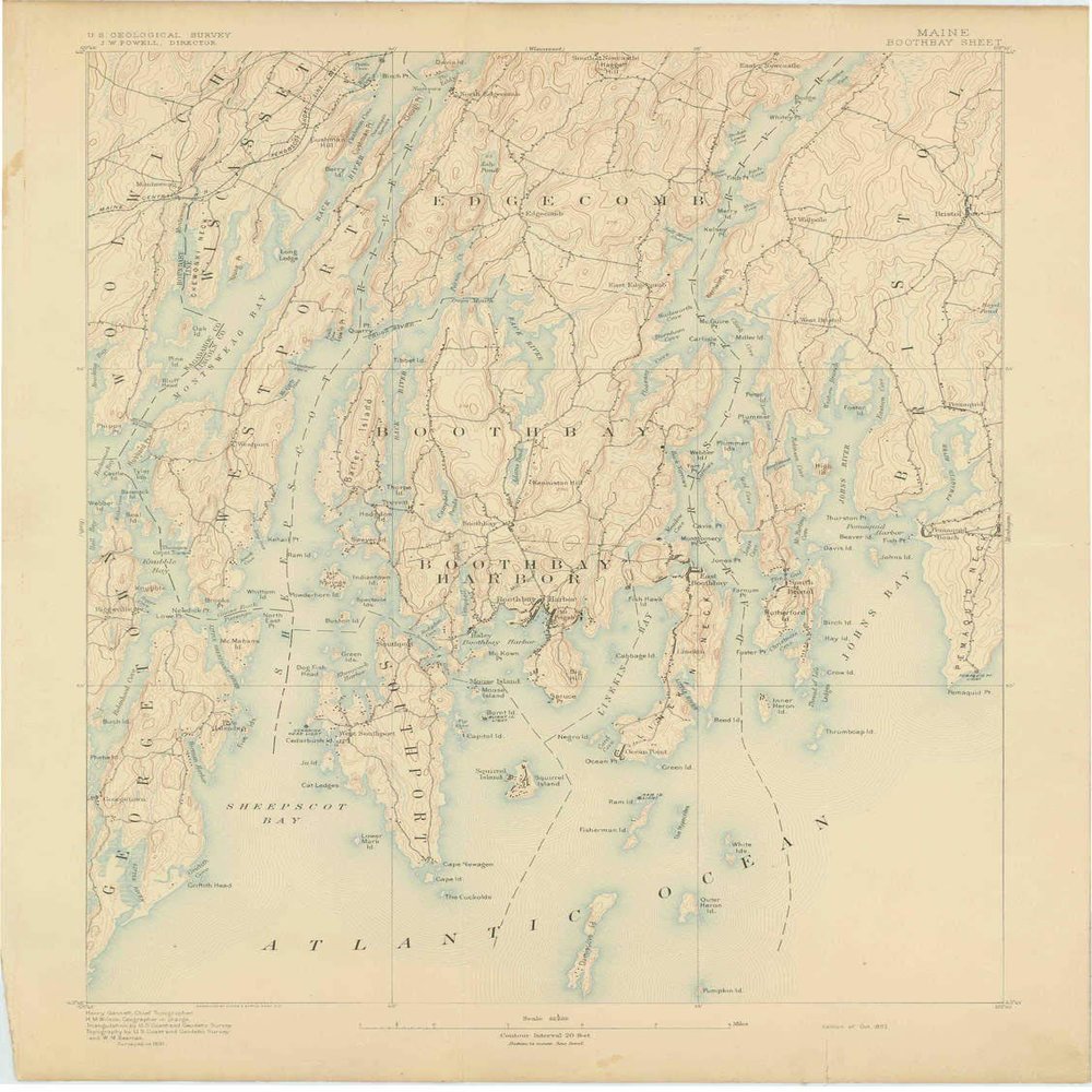 YellowMaps Boothbay ME topo map, 1:62500 Scale, 15 X 15 Minute, Historical, 1893, 20.1 x 15.1 in - Tyvek