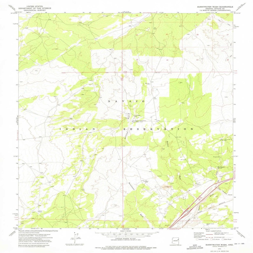 YellowMaps Burntwater Wash AZ topo map, 1:24000 Scale, 7.5 X 7.5 Minute, Historical, 1971, Updated 1975, 26.8 x 22 in - Polypropylene