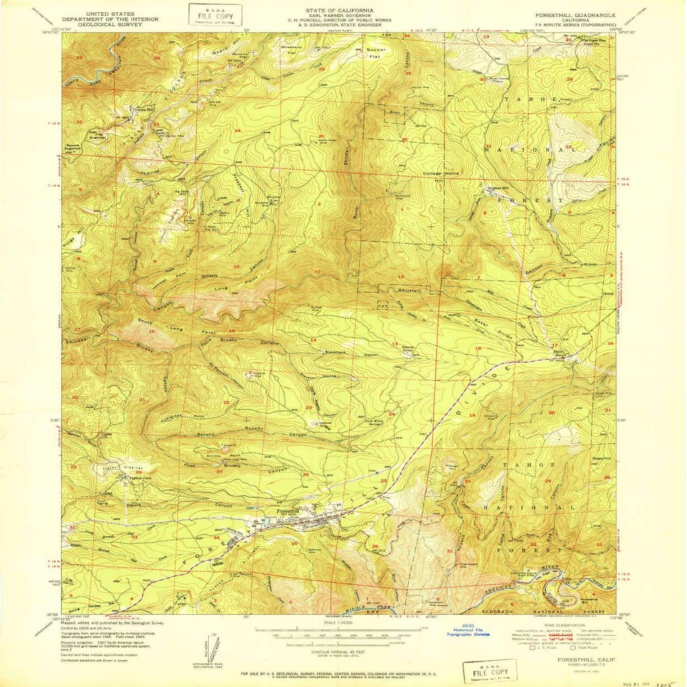 YellowMaps Foresthill CA topo map, 1:24000 Scale, 7.5 X 7.5 Minute, Historical, 1951, Updated 1951, 26.9 x 22 in - Polypropylene
