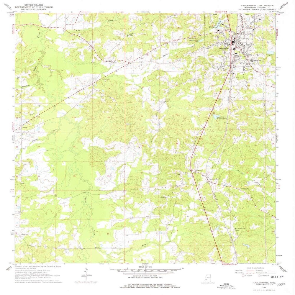 YellowMaps Hazlehurst MS topo map, 1:24000 Scale, 7.5 X 7.5 Minute, Historical, 1963, Updated 1978, 26.8 x 22 in - Tyvek