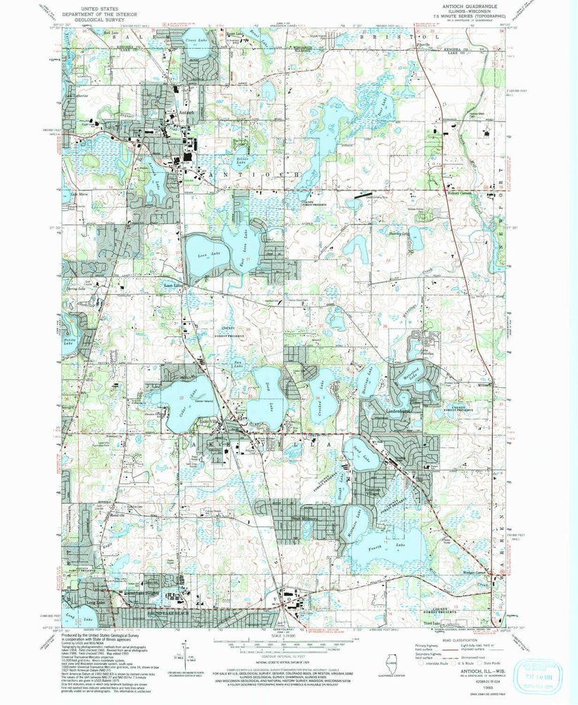 YellowMaps Antioch IL topo map, 1:24000 Scale, 7.5 X 7.5 Minute, Historical, 1993, Updated 1993, 26.8 x 22 in - Tyvek