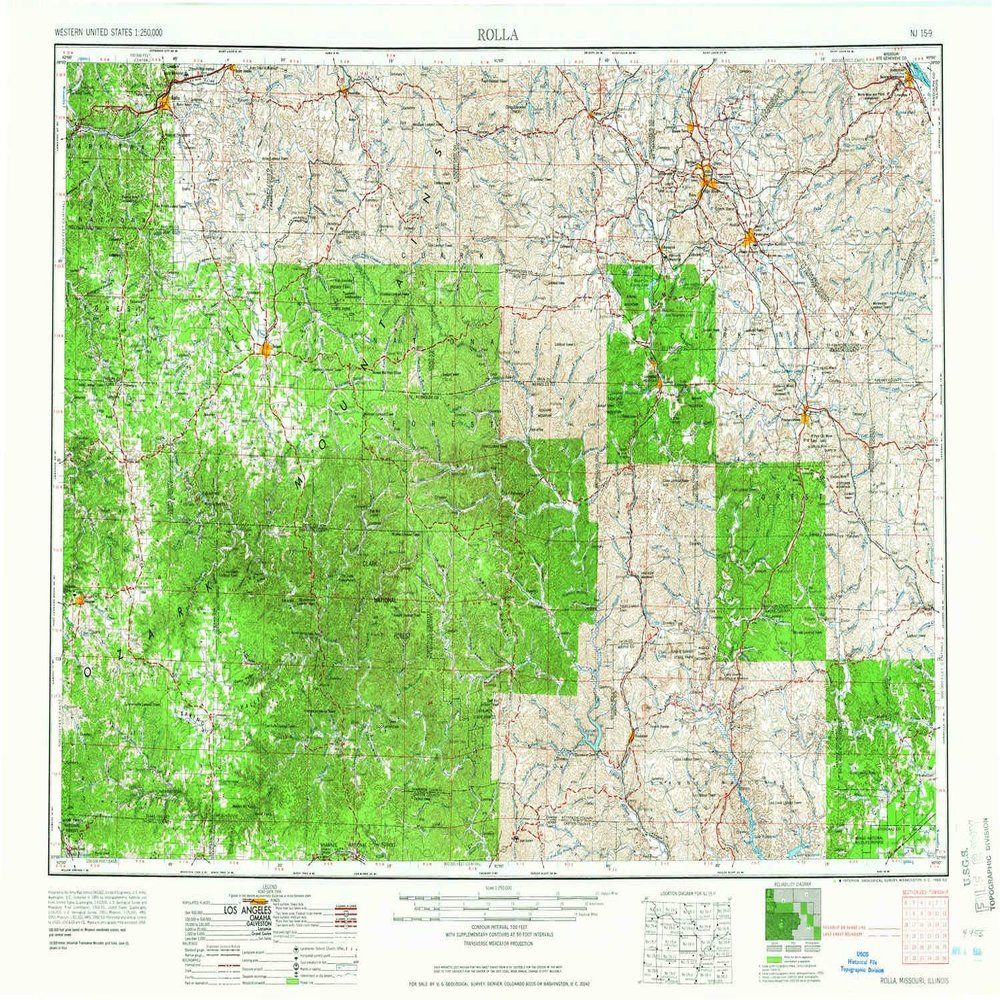YellowMaps Rolla MO topo map, 1:250000 Scale, 1 X 2 Degree, Historical, 1966, Updated 1966, 22 x 32 in - Tyvek