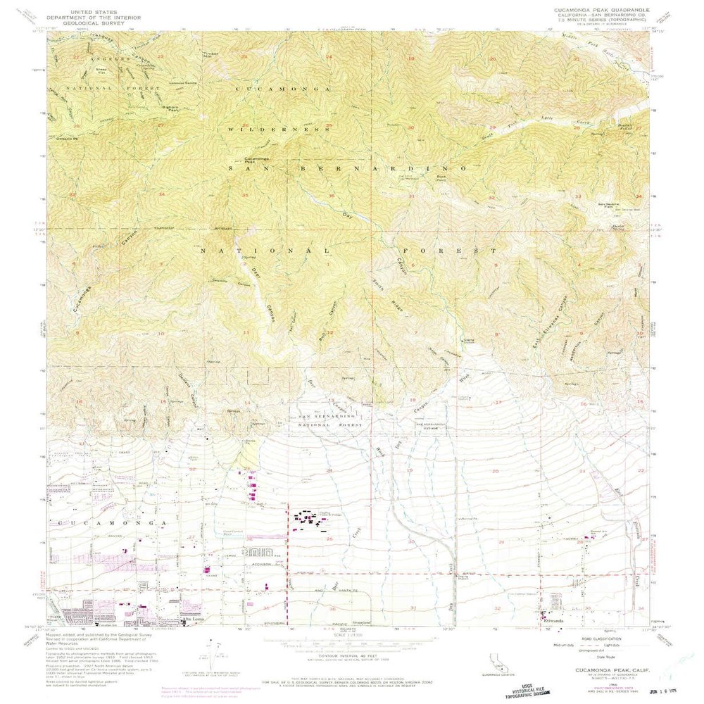 YellowMaps Cucamonga Peak CA topo map, 1:24000 Scale, 7.5 X 7.5 Minute, Historical, 1966, Updated 1975, 26.9 x 22.1 in - Polypropylene
