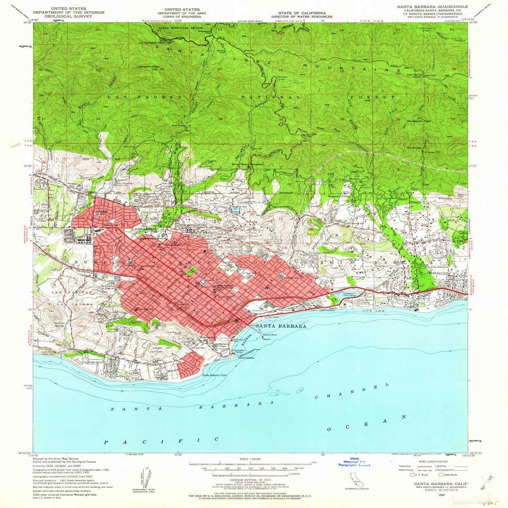 YellowMaps Santa Barbara CA topo map, 1:24000 Scale, 7.5 X 7.5 Minute, Historical, 1952, Updated 1962, 26.8 x 22 in - Tyvek