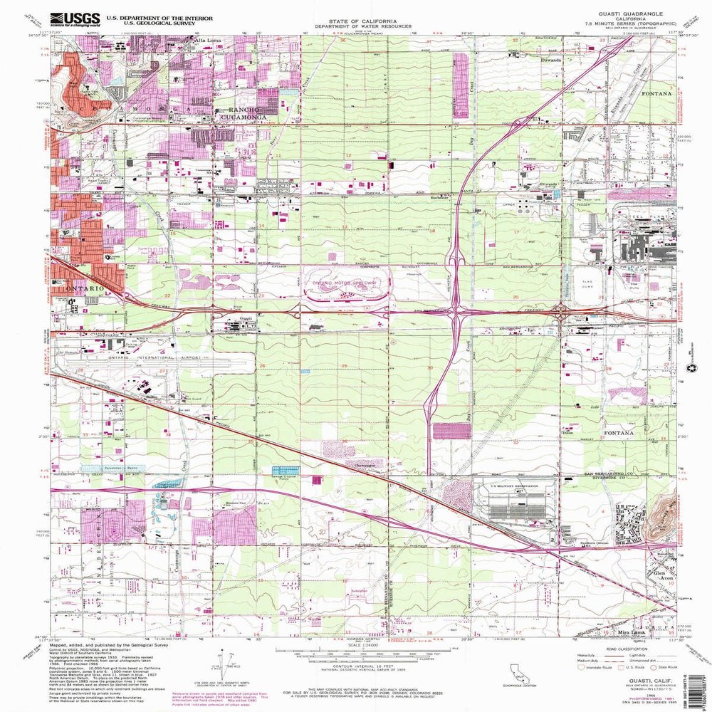YellowMaps Guasti CA topo map, 1:24000 Scale, 7.5 X 7.5 Minute, Historical, 1966, Updated 1982, 26.9 x 21.5 in - Polypropylene