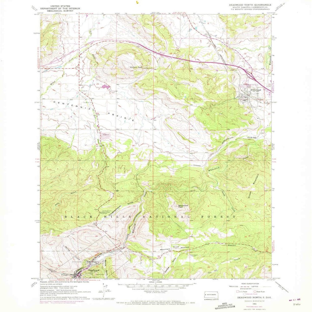YellowMaps Deadwood North SD topo map, 1:24000 Scale, 7.5 X 7.5 Minute, Historical, 1961, Updated 1972, 26.9 x 22 in - Tyvek
