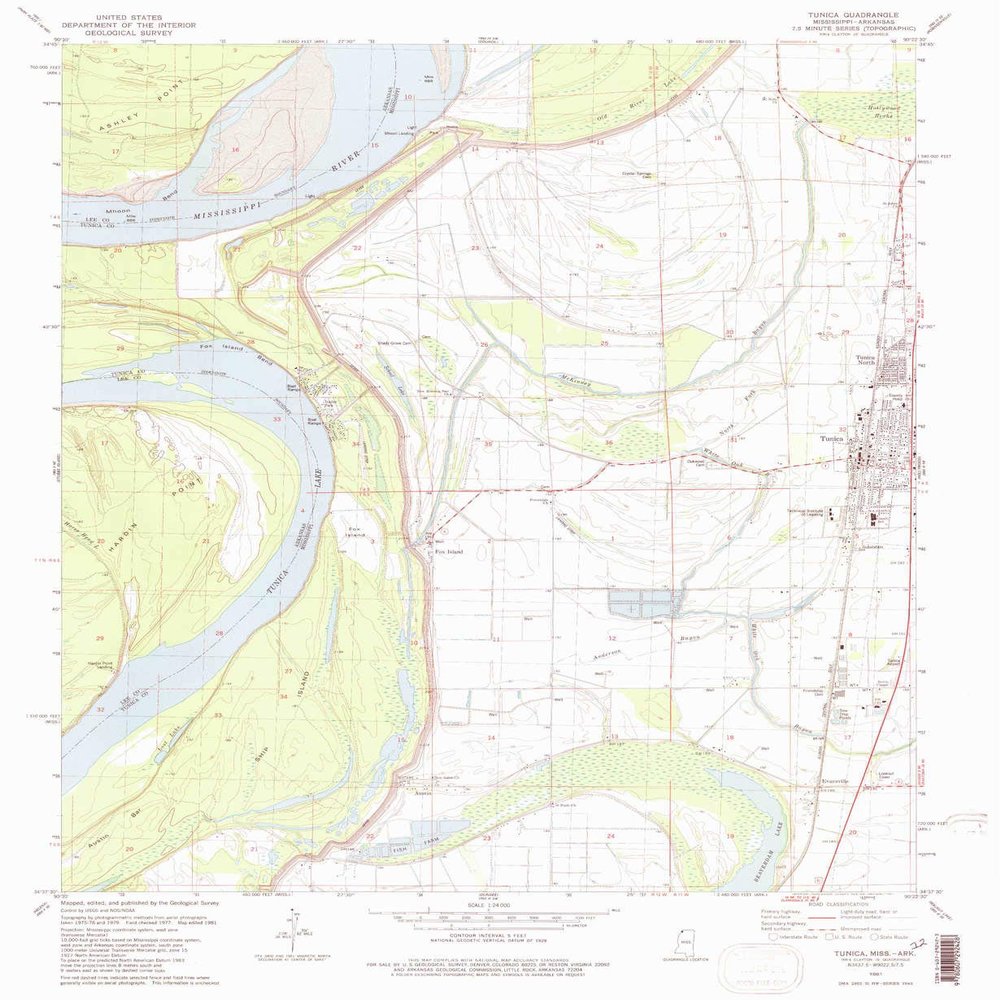 YellowMaps Tunica MS topo map, 1:24000 Scale, 7.5 X 7.5 Minute, Historical, 1981, Updated 1982, 26.8 x 22 in - Polypropylene