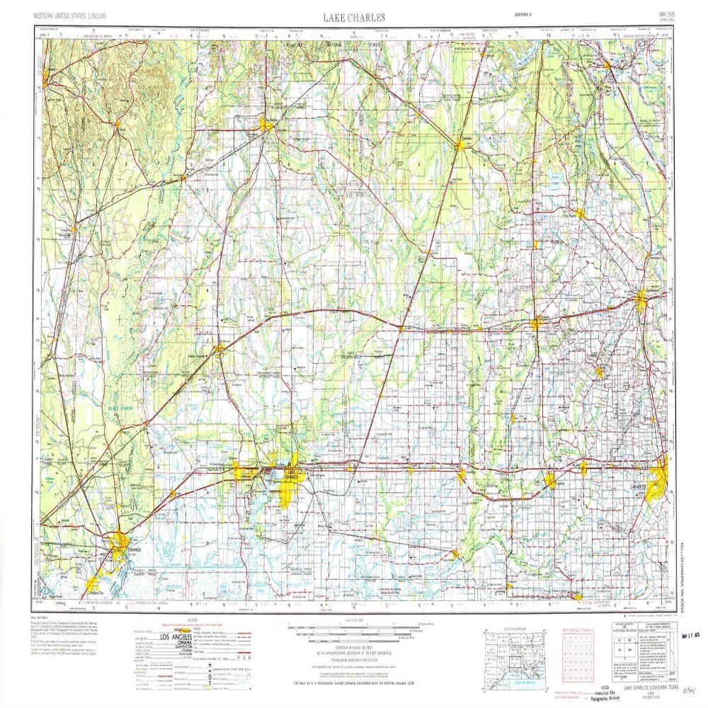 YellowMaps Lake Charles LA topo map, 1:250000 Scale, 1 X 2 Degree, Historical, 1954, Updated 1975, 22.1 x 34.2 in - Tyvek
