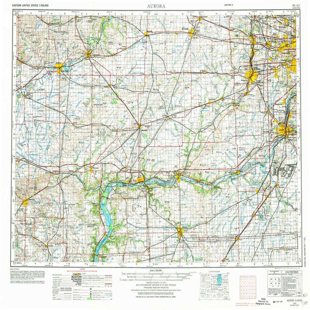YellowMaps Aurora IL topo map, 1:250000 Scale, 1 X 2 Degree, Historical, 1958, Updated 1974, 22 x 29 in - Tyvek