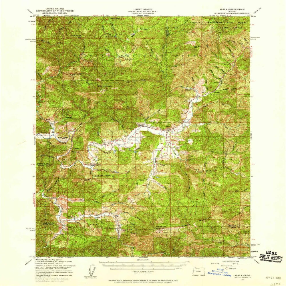 YellowMaps Alsea OR topo map, 1:62500 Scale, 15 X 15 Minute, Historical, 1956, Updated 1958, 20.8 x 16.8 in - Polypropylene