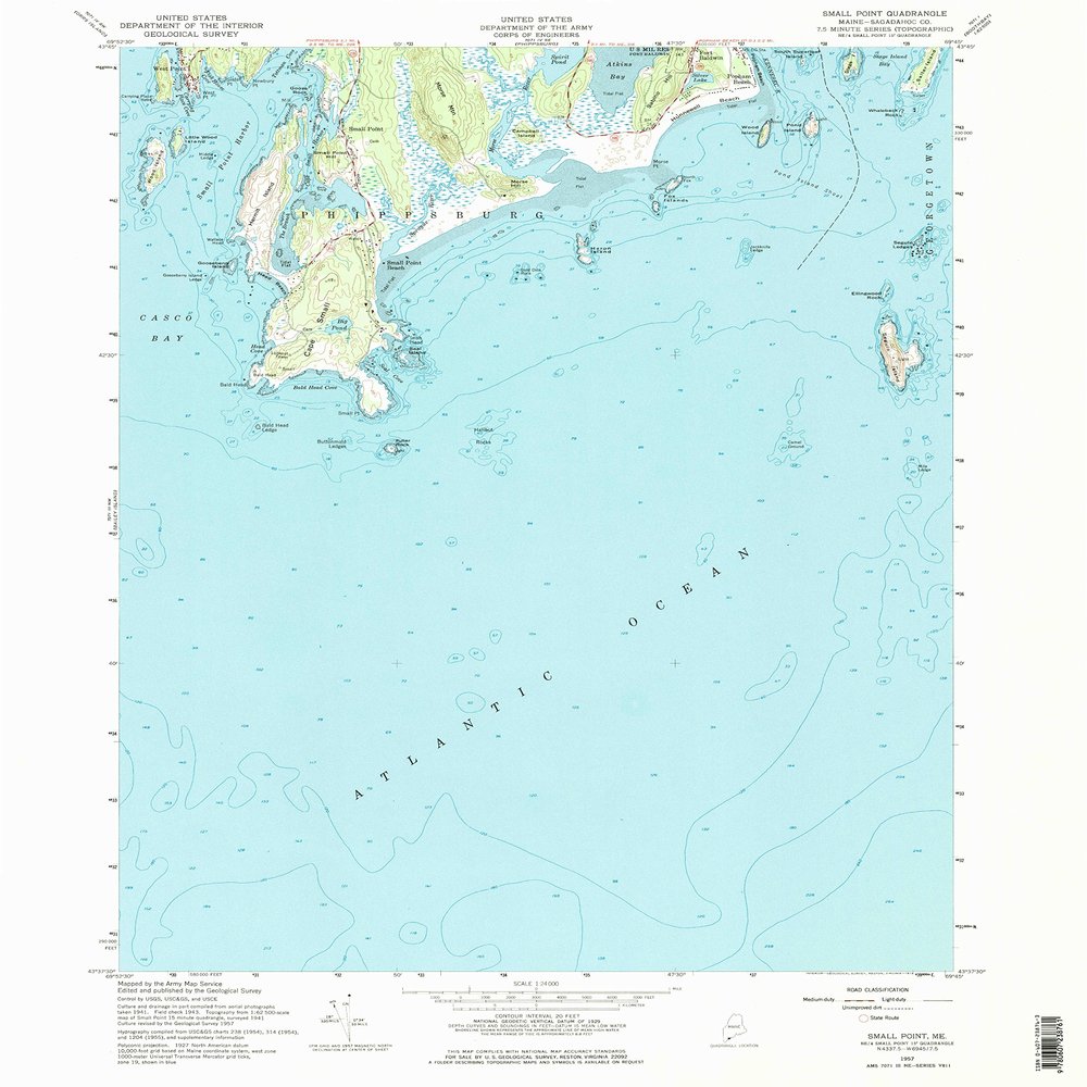 YellowMaps Small Point ME topo map, 1:24000 Scale, 7.5 X 7.5 Minute, Historical, 1957, Updated 1974, 26.8 x 21.6 in - Polypropylene