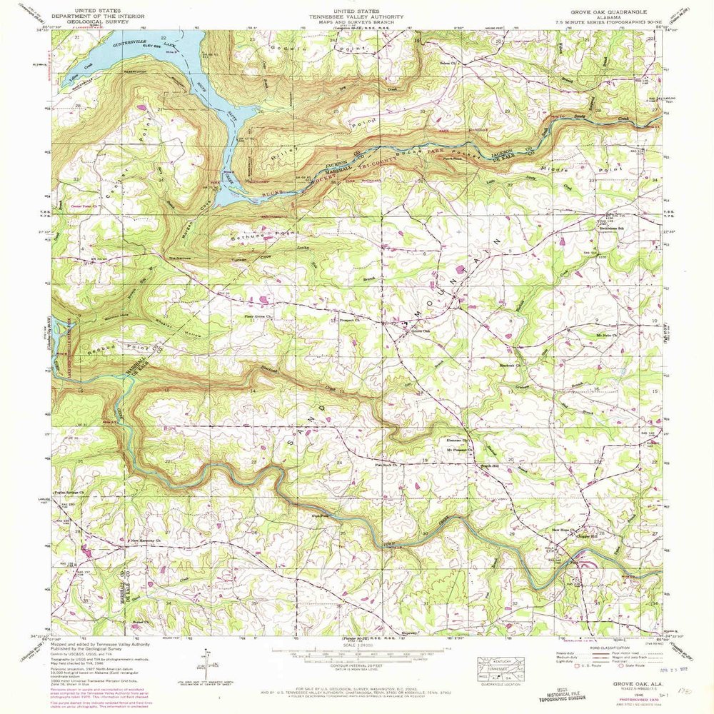YellowMaps Grove Oak AL topo map, 1:24000 Scale, 7.5 X 7.5 Minute, Historical, 1946, Updated 1972, 26.8 x 22 in - Polypropylene