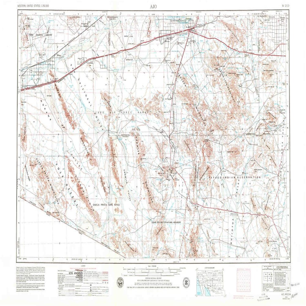YellowMaps AJO AZ topo map, 1:250000 Scale, 1 X 2 Degree, Historical, 1953, Updated 1980, 22.1 x 34.1 in - Polypropylene