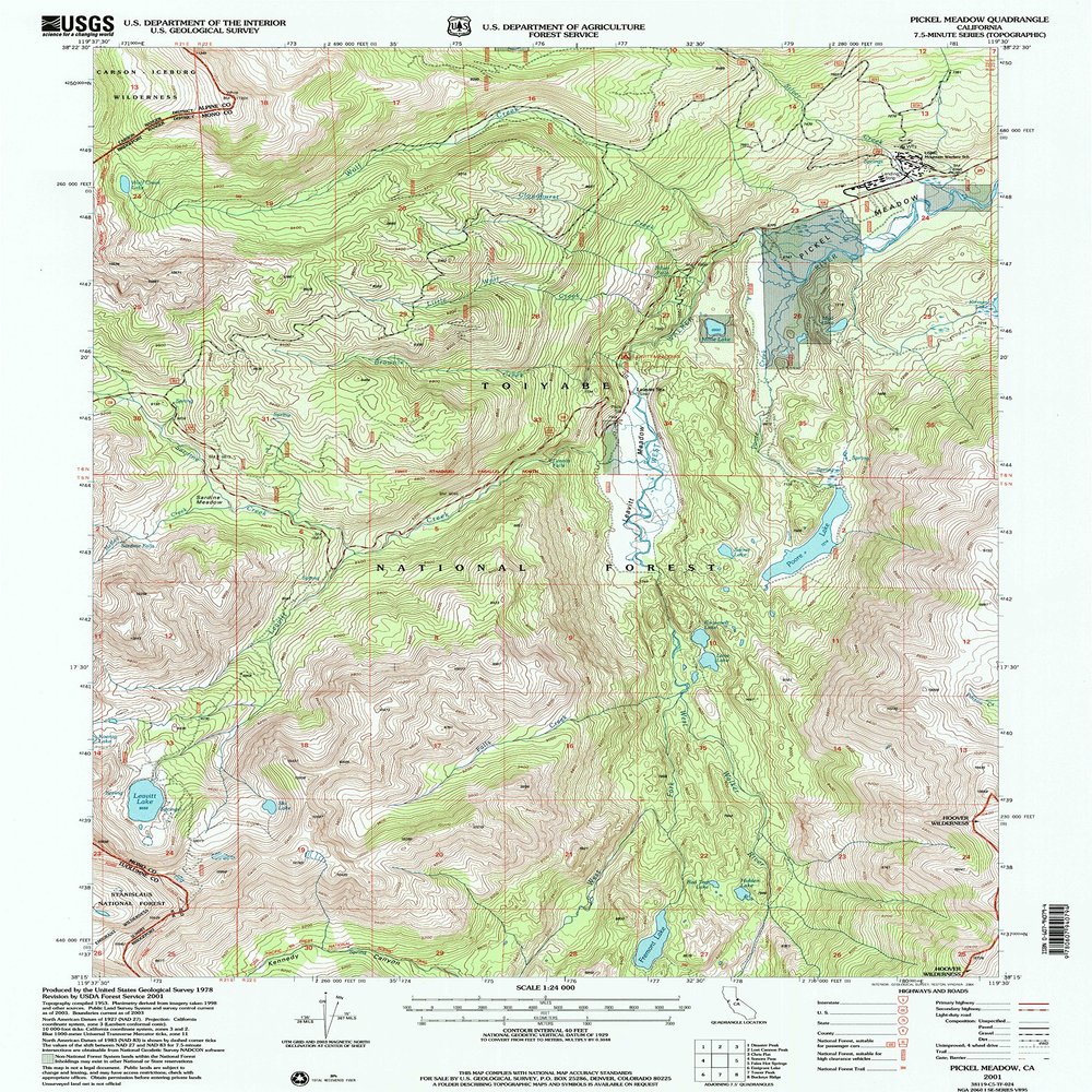 Pickel Meadow CA topo map, 1:24000 Scale, 7.5 X 7.5 Minute, Historical, 2001, Updated 2004, 26.6 x 21.5 in - Polypropylene