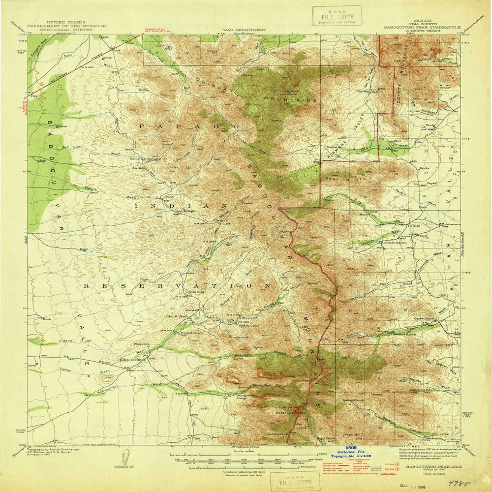 YellowMaps Baboquivari Peak AZ topo map, 1:62500 Scale, 15 X 15 Minute, Historical, 1944, 20.9 x 16.9 in - Polypropylene