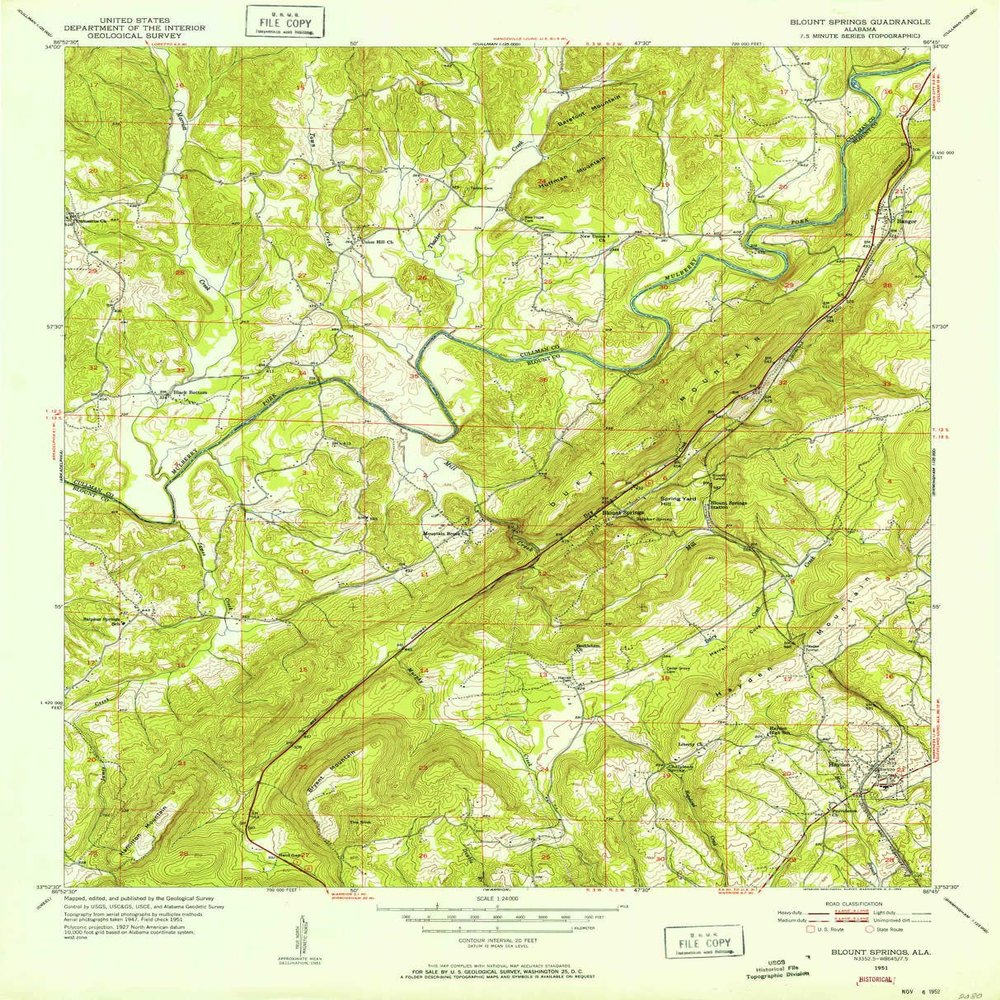 YellowMaps Blount Springs AL topo map, 1:24000 Scale, 7.5 X 7.5 Minute, Historical, 1951, Updated 1952, 27.1 x 21.9 in - Polypropylene
