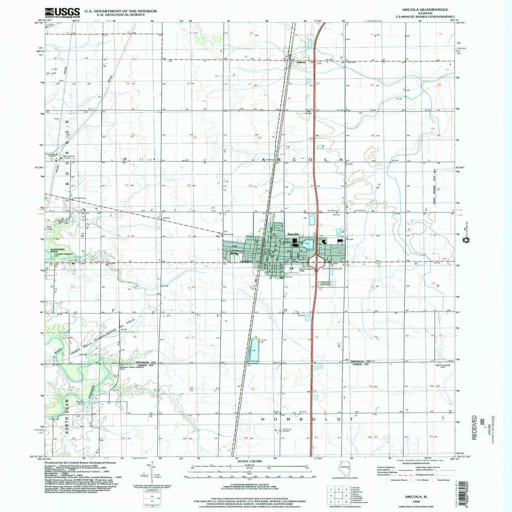 YellowMaps Arcola IL topo map, 1:24000 Scale, 7.5 X 7.5 Minute, Historical, 1998, Updated 2002, 26.8 x 22 in - Polypropylene