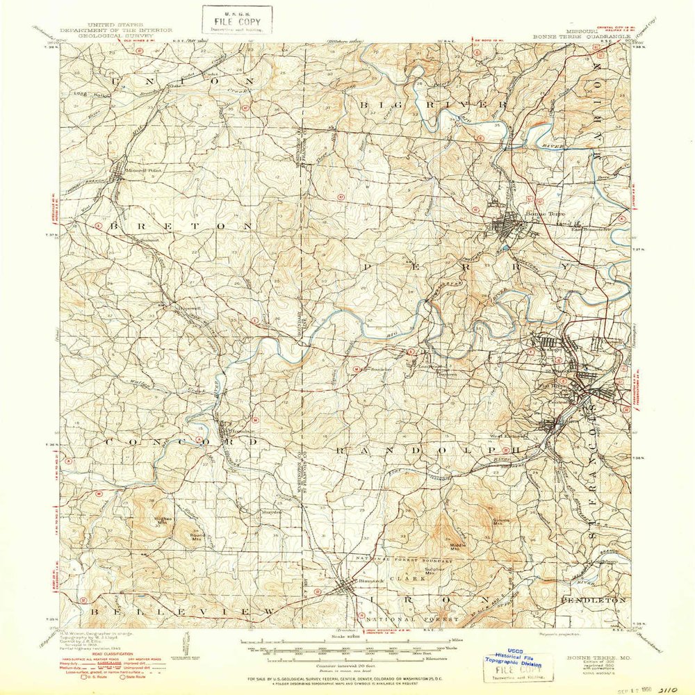 YellowMaps Bonne Terre MO topo map, 1:62500 Scale, 15 X 15 Minute, Historical, 1905, Updated 1950, 20.8 x 16.9 in - Polypropylene