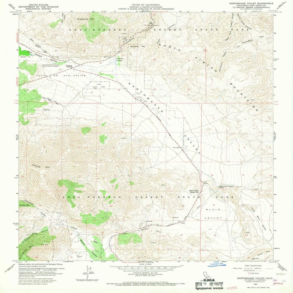 YellowMaps Earthquake Valley CA topo map, 1:24000 Scale, 7.5 X 7.5 Minute, Historical, 1959, Updated 1967, 26.8 x 22 in - Polypropylene
