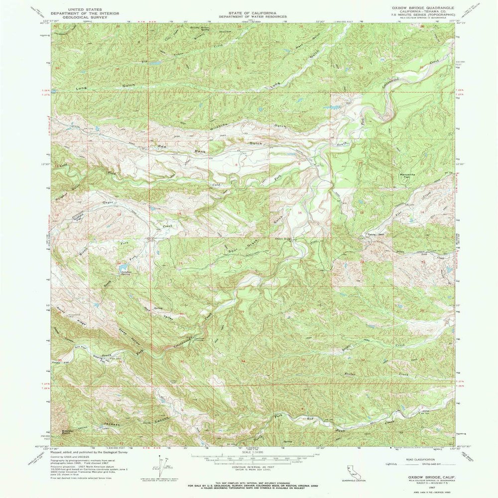 YellowMaps Oxbow Bridge CA topo map, 1:24000 Scale, 7.5 X 7.5 Minute, Historical, 1967, Updated 1968, 26.8 x 21.5 in - Tyvek
