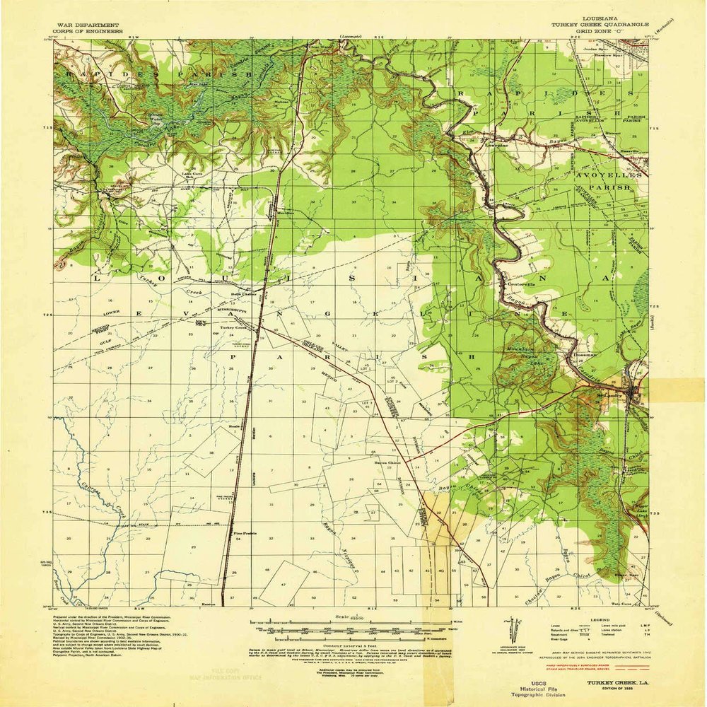 YellowMaps Turkey Creek LA topo map, 1:62500 Scale, 15 X 15 Minute, Historical, 1935, 21.8 x 17.9 in - Polypropylene