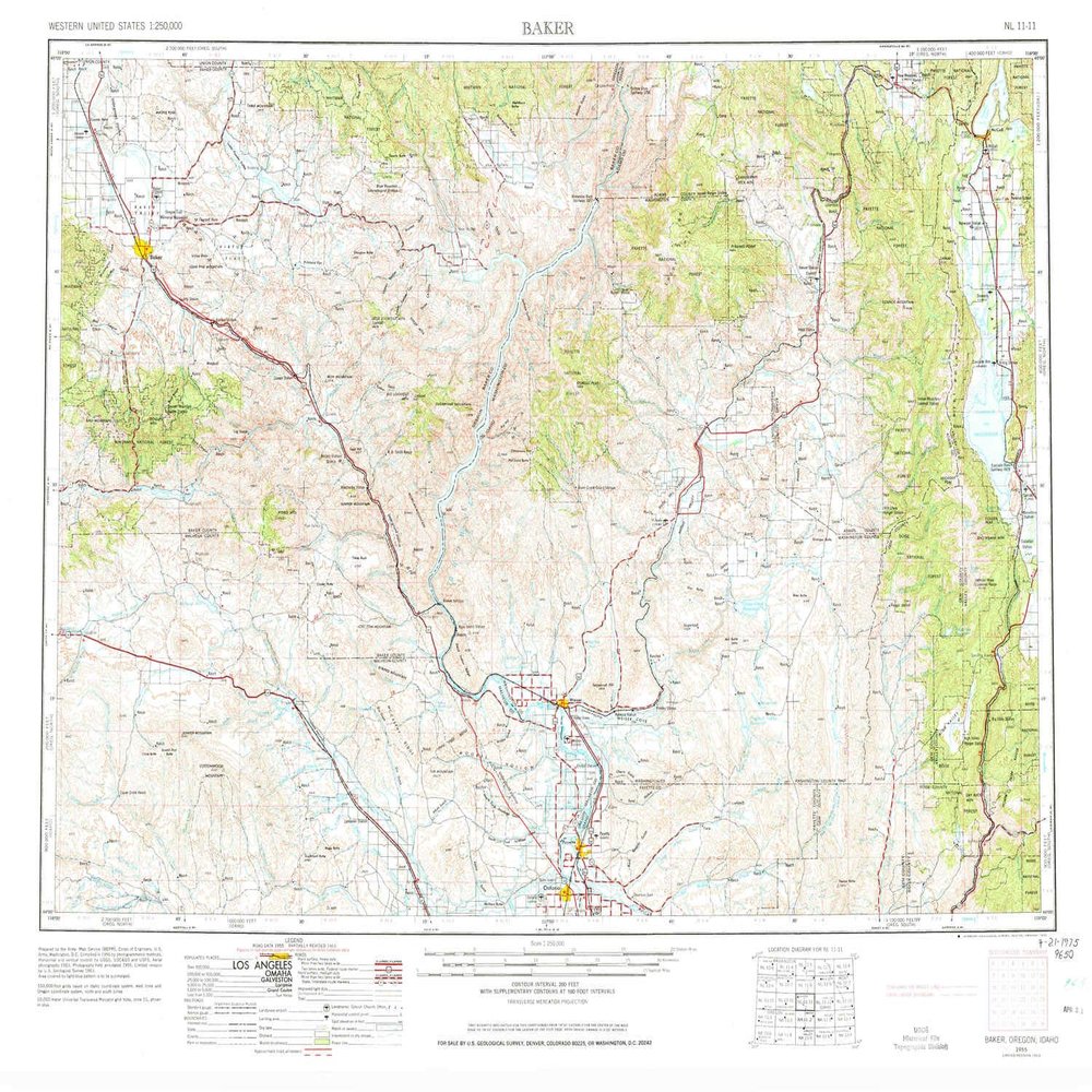 YellowMaps Baker OR topo map, 1:250000 Scale, 1 X 2 Degree, Historical, 1955, Updated 1974, 22.4 x 28 in - Tyvek
