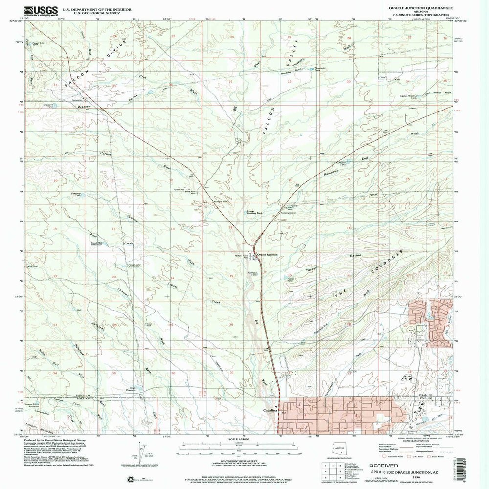 YellowMaps Oracle Junction AZ topo map, 1:24000 Scale, 7.5 X 7.5 Minute, Historical, 1996, Updated 2002, 26.9 x 22 in - Polypropylene