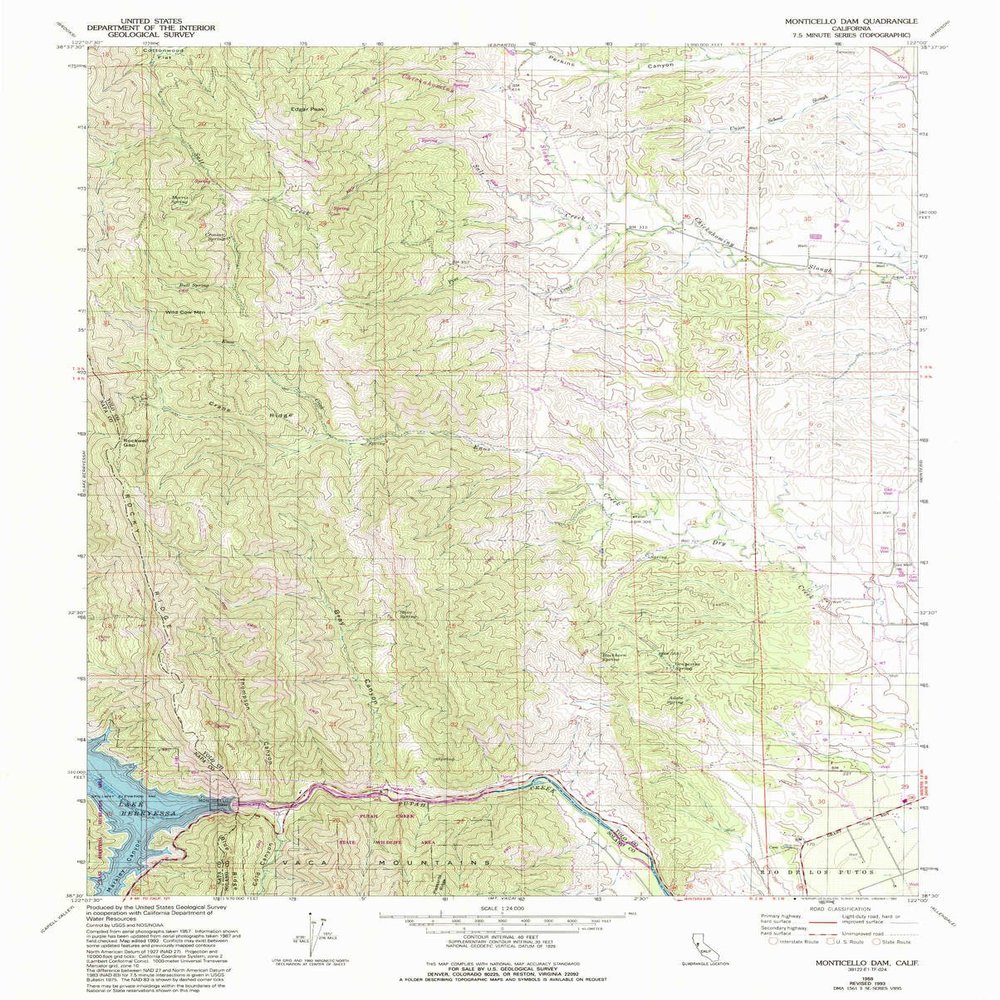 YellowMaps Monticello Dam CA topo map, 1:24000 Scale, 7.5 X 7.5 Minute, Historical, 1959, Updated 1993, 26.7 x 21.4 in - Polypropylene