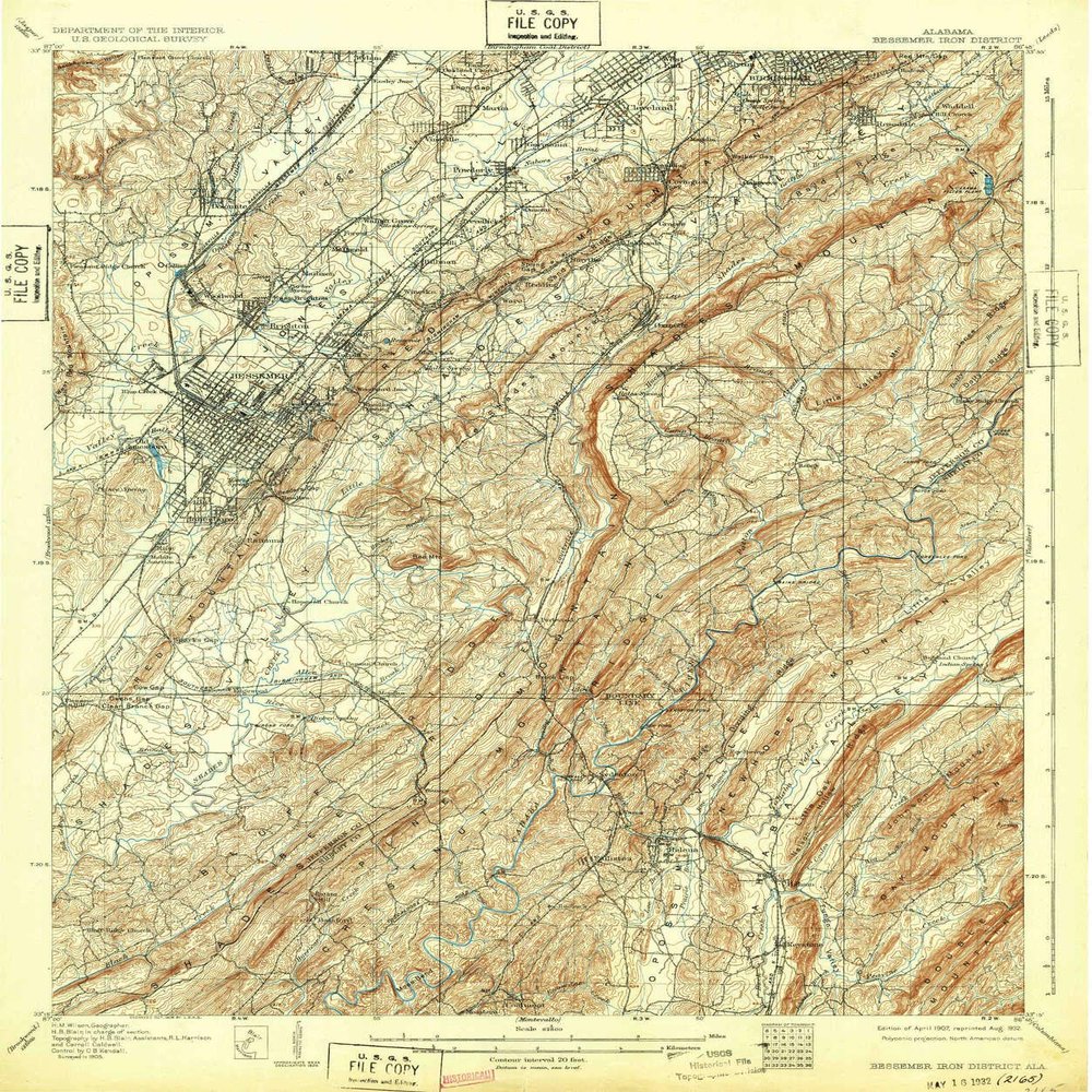 YellowMaps Bessemer Iron District AL topo map, 1:62500 Scale, 15 X 15 Minute, Historical, 1907, Updated 1932, 19.8 x 16.5 in - Polypropylene