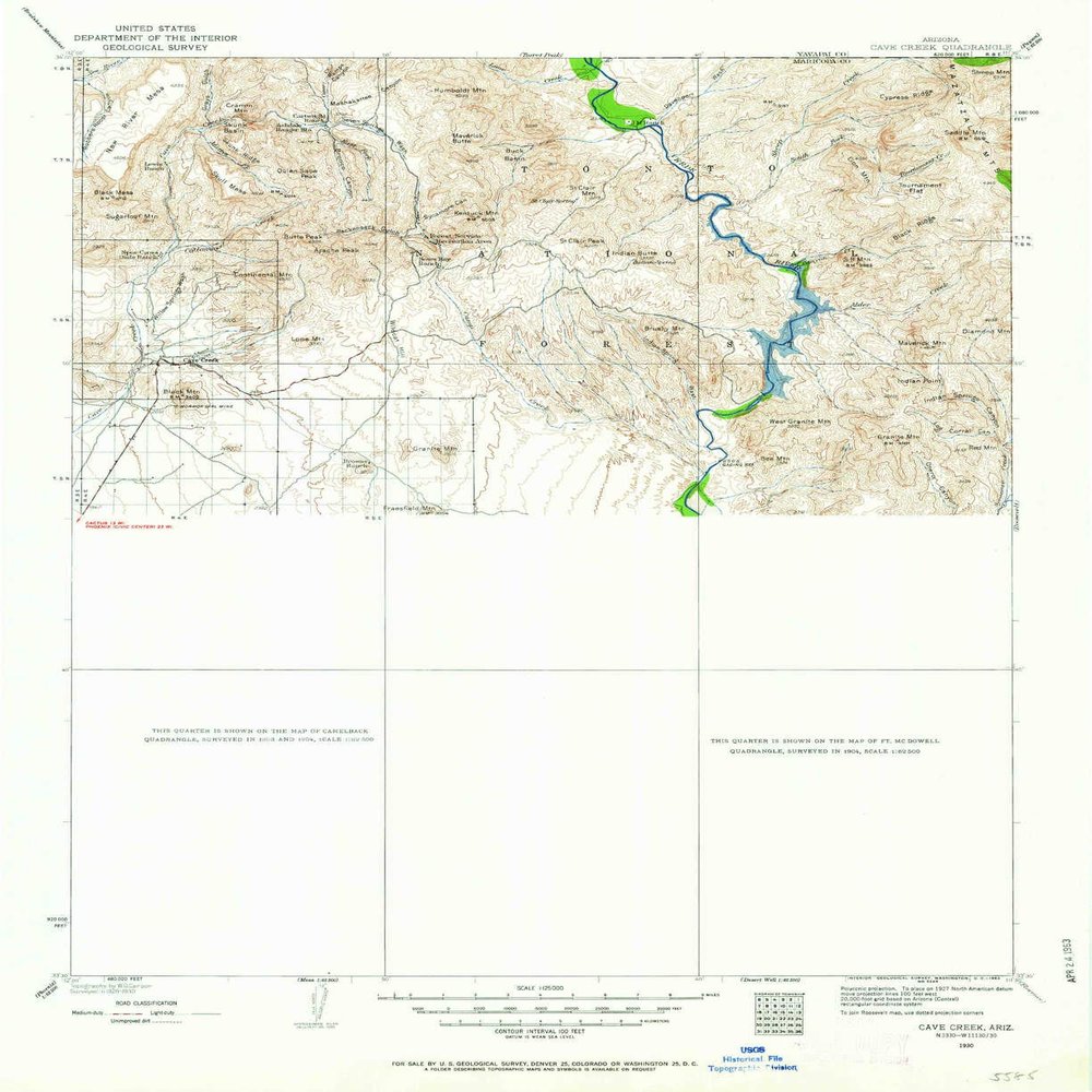 YellowMaps Cave Creek AZ topo map, 1:125000 Scale, 30 X 30 Minute, Historical, 1930, Updated 1963, 20.8 x 17 in - Tyvek