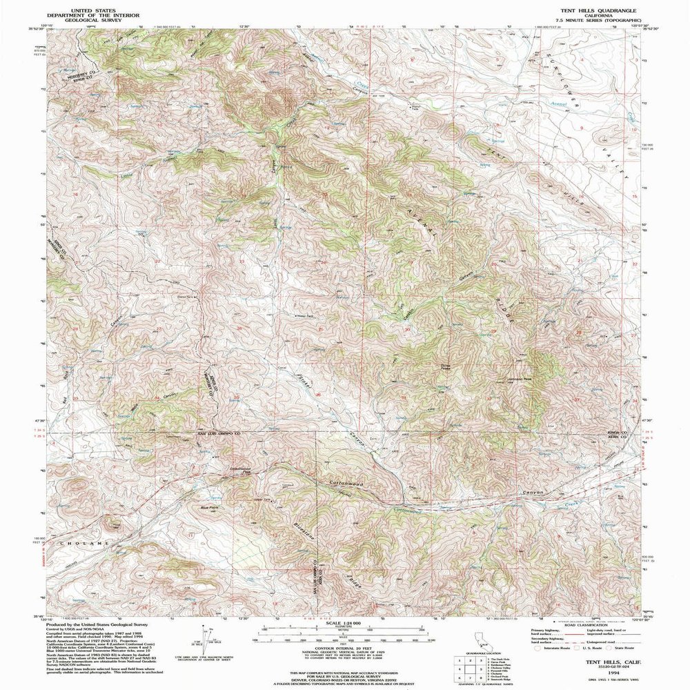 YellowMaps Tent Hills CA topo map, 1:24000 Scale, 7.5 X 7.5 Minute, Historical, 1994, Updated 1994, 26.6 x 21.4 in - Polypropylene