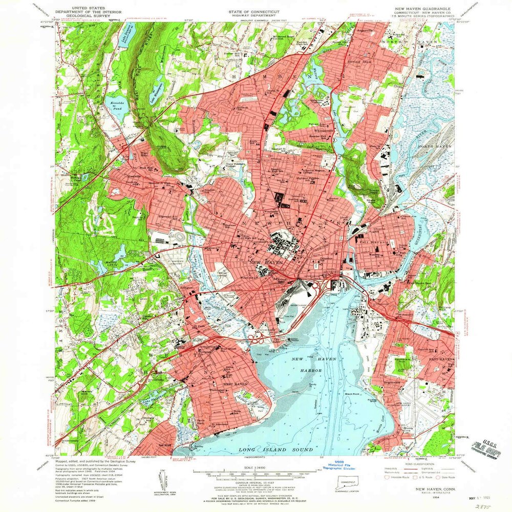 YellowMaps New Haven CT topo map, 1:24000 Scale, 7.5 X 7.5 Minute, Historical, 1954, Updated 1960, 26.9 x 22 in - Tyvek