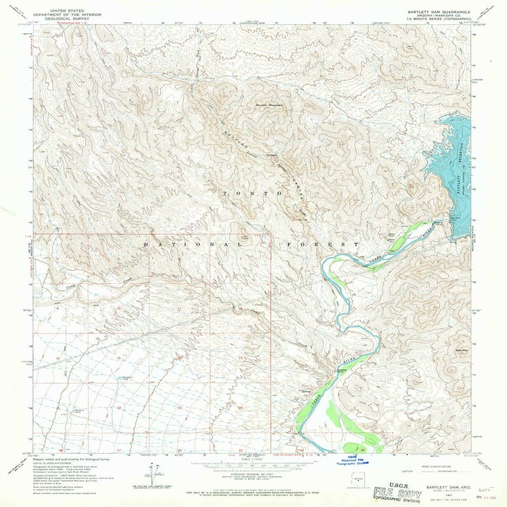 YellowMaps Bartlett Dam AZ topo map, 1:24000 Scale, 7.5 X 7.5 Minute, Historical, 1964, Updated 1970, 26.9 x 22 in - Tyvek