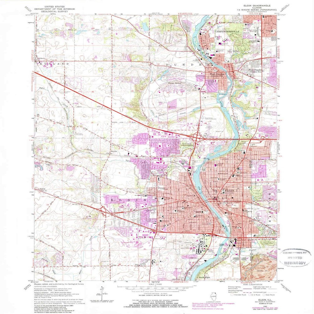 YellowMaps Elgin IL topo map, 1:24000 Scale, 7.5 X 7.5 Minute, Historical, 1962, Updated 1989, 26.9 x 22 in - Polypropylene