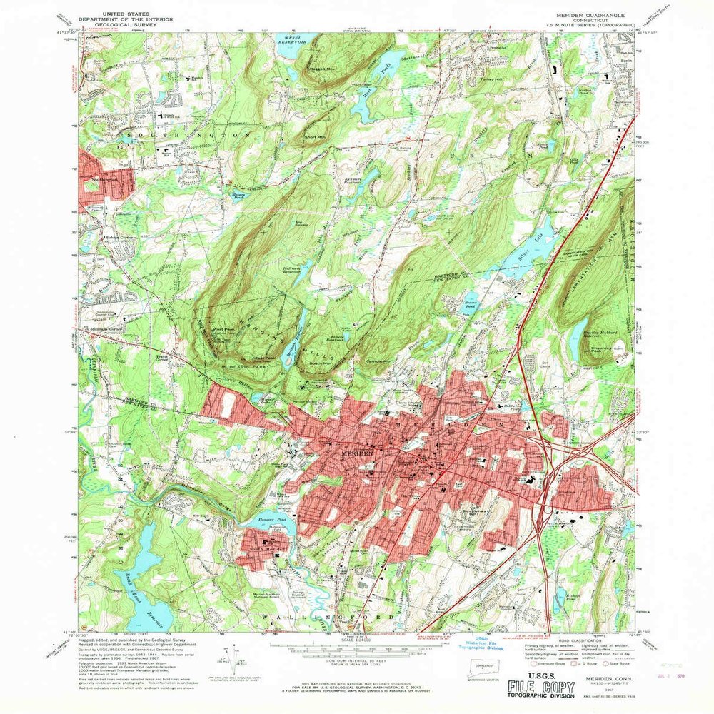 YellowMaps Meriden CT topo map, 1:24000 Scale, 7.5 X 7.5 Minute, Historical, 1967, Updated 1970, 27.1 x 21.9 in - Polypropylene