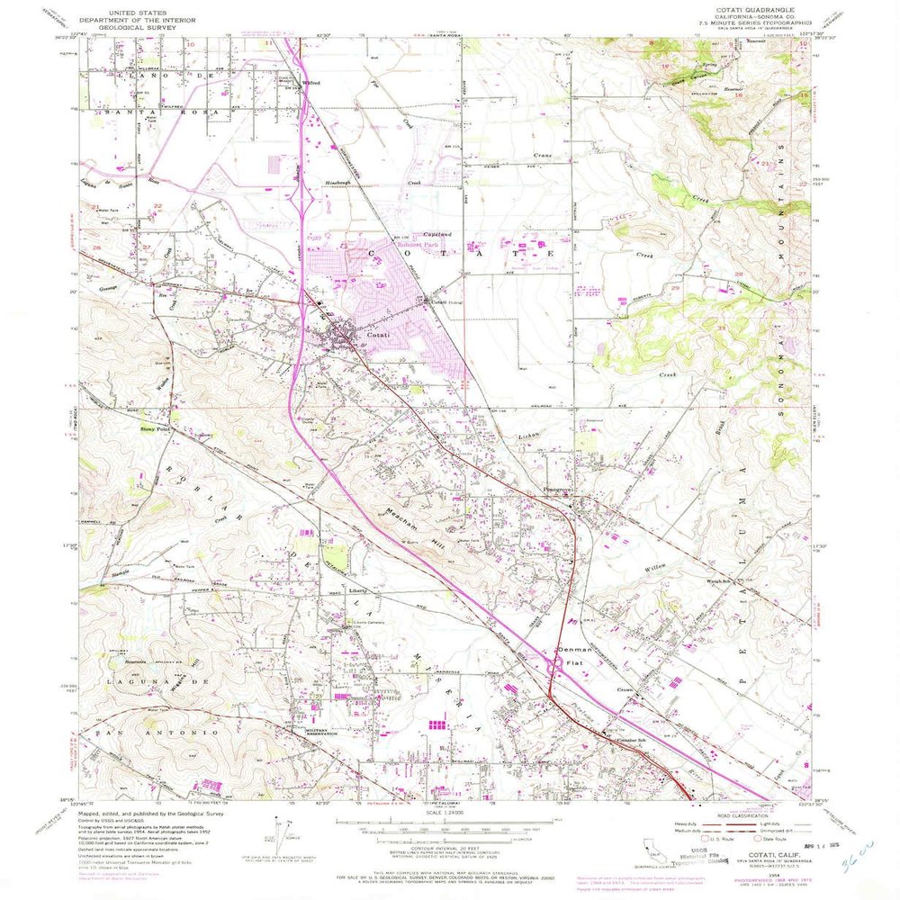 YellowMaps Cotati CA topo map, 1:24000 Scale, 7.5 X 7.5 Minute, Historical, 1954, Updated 1975, 26.9 x 22 in - Polypropylene